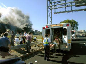 Victims of the Sept. 11 terrorist attack on the Pentagon are loaded into an ambulance.