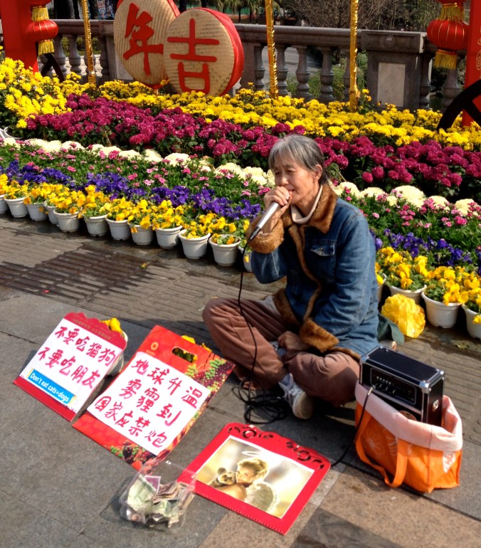 A street performer in Guilin. The sign on the left says: "Don't eat cats and dogs. Don't eat friends." The other one says, "With global warming comes smog/haze. The country (government) should ban firecrackers."