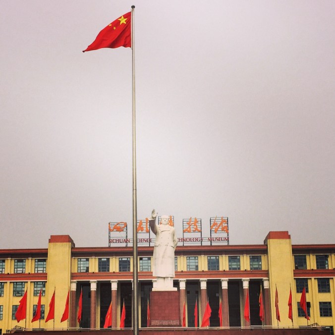 A statue of Chairman Mao Zedong looks over Tianfu Square, in the center of Chengdu.